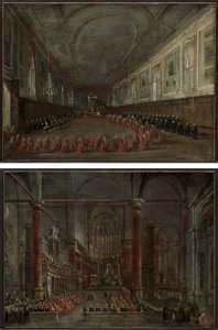 Pope Pius VI Descending the Throne to Take Leave of the Doge in the Hall of SS. Giovanni e Paolo, 1782 and Pontifical Ceremony in SS. Giovanni e Paolo, Venice, 1782 (pair) by Francesco Guardi