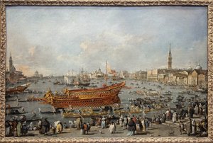 The start of the Bucentaurus towards the Lido of Venice on Ascension Day, the Doge participates in the major event of the Ascension celebrations, the wedding of Venice with the Adriatic commemorating the conquest of Dalmatia in the 14th century
