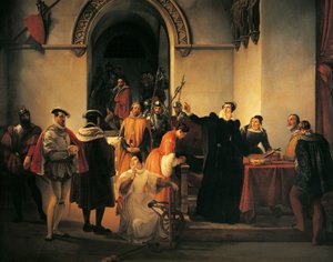 Mary Queen of Scots protesting her innocence before sheriffs as her death sentence is read out by Francesco Hayez