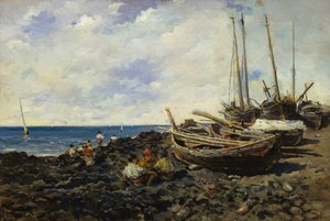 Fishermen with boats on shore