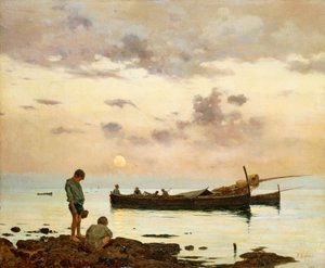 Marina with Fishing Boat and Boys, by Francesco Lojacono