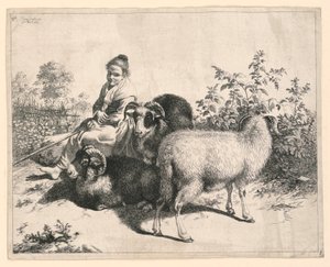 A Young Shepherd Girl Watching Over Sheep