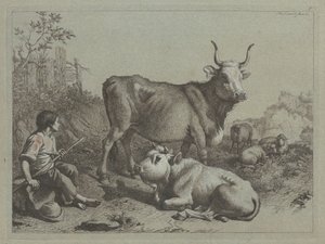 Seated Shepherd with a Bull and Bullock, 1763 by Francesco Londonio