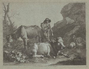 Shepherd Resting on a Walking Stick with an Old Horse and a Reclining Bull