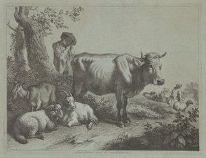 Standing Cow and a Shepherd Boy with Flock by Francesco Londonio