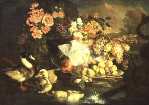 Still Life of Fruit and Flowers with a Duck, Drake and Ducklings