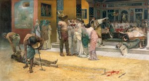 Gladiatorial combat during a dinner in Pompei