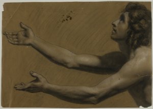 Young Man Looking Upwards with Outstretched Arms; Woman Holding Mirror