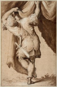 Young Warrior, Seen from Behind, Lifting a Curtain