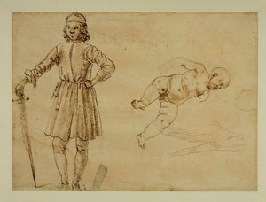 A Child Sitting; Standing Man Holding a Sword