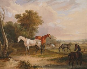 Horses Grazing: A Grey Stallion Grazing with Mares in a Meadow by Francis Calcraft Turner