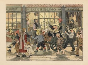 Fireworks Store - Victorian Children Pulling a Guy in a Cart on Guy Fawkes Night in Front of L. Squibling