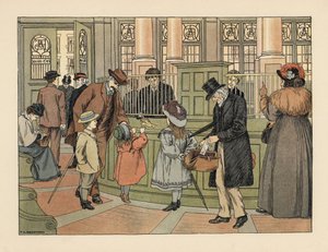 Victorian family at a bank withdrawing money from a teller with bank slips. Chromolithograph after an illustration by Francis Donkin Bedford from Edward Verrall Lucas