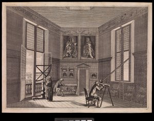 Three figures using astronomical equipment in the Great Star Room or the Octagon Room, as it is known today, at the Royal Observatory., c.1676