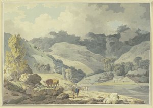 Mountain Landscape, a Girl on Horseback on the Way, Two Cows on the Left by Francis Wheatley