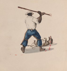 A man viewed from behind beating a dog with a stick, ca. 1848 by Francisco