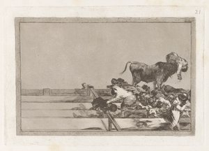 Dreadful Events in the Front Rows of the Ring at Madrid and Death of the Mayor of Torrejon, Plate 21 from La tauromaquia by Francisco de Goya