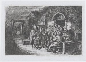 Plate 18: street musicians and other figures outside a tavern, from the series of customs by Francisco Lameyer Berenguer