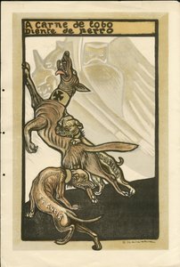 Illustration of Francisco Sancha Lengo - Flying leaf, circa 1915 - A carne de lobo diente de perro - War of 14-18, Germany Prussia, England Great Britain, Belligerents and symbols, France, Spanish Language, Foreign Press - William II, Dog, Hid by Francisco Sancha y Lengo