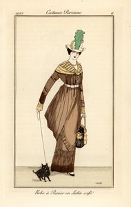 Woman in Panier Dress in Coffee-Coloured Satin with Pet Dog