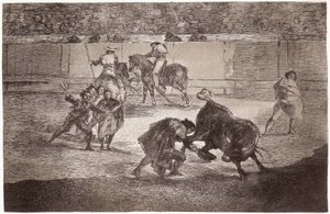 Bullfighting: a bullfighter enters the arena to kill the bull with a hat instead of the muleta by Francisco de Goya
