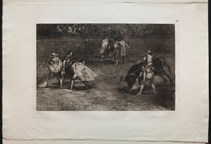 Bullfights: A Bullfighter Mounted on the Shoulders of an Assistant, Spearing a Bull, 1876 by Francisco de Goya