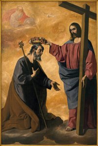Christ crowning Saint Joseph. Painting by Francisco de Zurbaran, oil on canvas, circa 1640. Museum of Fine Arts of Seville, Spain by Francisco de Zurbaran