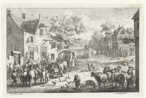 Village Scene with Travelers and Cattle Traders at an Inn