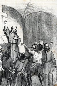 Fourth Venice-Ottoman War: the Church calling to beat Muslims on the eve of the Battle of Lepanto naval battle which arose on 7 October 1571 in the Gulf of Patras, Greece by Franco Mistrali