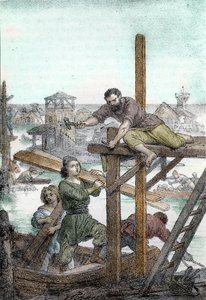 Foundation of Venice by the refugees hunted away by the barbarian of Attila, 5th century