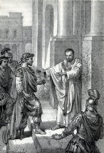 Saint Ambrose of Milan prohibited the entrance of the church to Roman Emperor Theodosius I to punish him for the massacre of Thessalonica in 390 by Franco Mistrali