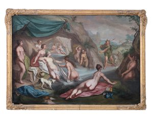 Oil on Canvas. Mythological Painting, Artemis with Companions Surprised in the Bath by Actaeon by François Boucher