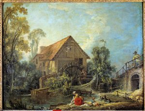 The Mill. A woman washes the laundry in the stream near a water mill. Painting by Francois Boucher, 1751