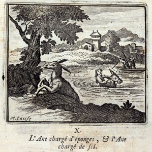 The Donkey Loaded with Sponges and the Donkey Loaded with Salt. Fables by Jean de La Fontaine. Illustration by François Chauveau. Edition of 1728 by Francois Chauveau