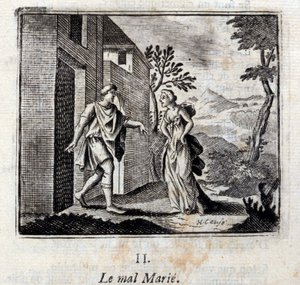 Evil marries. Fables by Jean de La Fontaine (1621-95). Illustration by François Chauveau (1613-1676). Edition of 1728