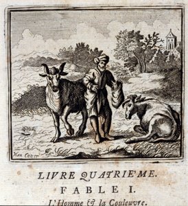 Man and Snake. Fables by Jean de La Fontaine (1621-95). Illustration by François Chauveau (1613-1676). Edition of 1728 by Francois Chauveau
