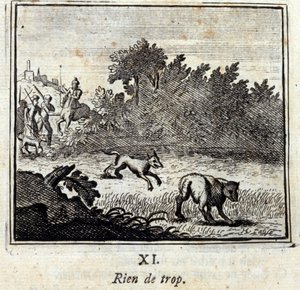 Nothing too much. Fables by Jean de La Fontaine (1621-95). Illustration by François Chauveau (1613-1676). Edition of 1728