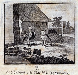 The Cochet the Cat and the Mouse. Fables by Jean de La Fontaine (1621-95). Illustration by François Chauveau (1613-1676). Edition of 1728