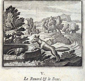 The Fox and the Goat. Fables by Jean de La Fontaine. Illustration by François Chauveau. Edition of 1728 by Francois Chauveau