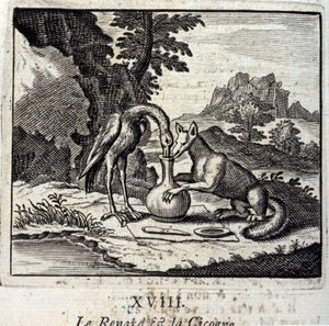 The Fox and the Stork. Fables by Jean de La Fontaine (1621-95). Illustration by François Chauveau (1613-1676). Edition of 1728 by Francois Chauveau