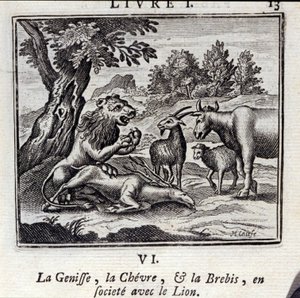 The Genisse the Gove and the Sheep in society with the Lion (Illustration by François Chauveau) by Francois Chauveau