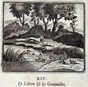 The Hare and the Frogs. Fables by Jean de La Fontaine (1621-95). Illustration by François Chauveau (1613-1676). Edition of 1728 by Francois Chauveau