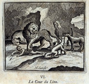 The Lion Court. Fables by Jean de La Fontaine. Illustration by François Chauveau, Edition of 1728 by Francois Chauveau