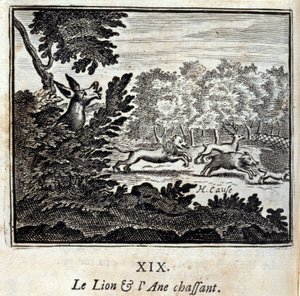 The Lion and the Donkey Hunting. Fables by Jean de La Fontaine (1621-95). Illustration by François Chauveau (1613-1676). Edition of 1728 by Francois Chauveau