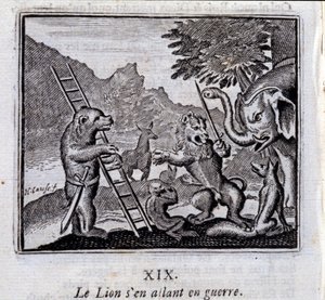 The Lion going to war. Fables by Jean de La Fontaine (1621-95). Illustration by François Chauveau (1613-1676). Edition of 1728