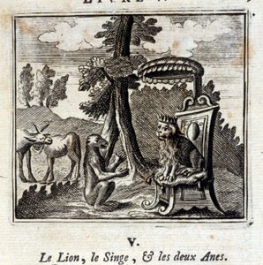 The Lion, the Monkey and the Two Donkeys. Fables by Jean de La Fontaine (1621-95). Illustration by François Chauveau (1613-1676). Edition of 1728