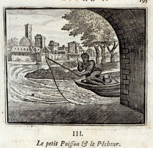 The Little Fish and the Fisherman. Fables by Jean de La Fontaine (1621-95). Illustration by François Chauveau (1613-1676). Edition of 1728 by Francois Chauveau