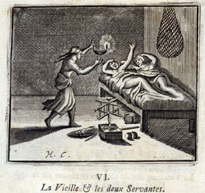 The Old Lady and the Two Servants. Fables by Jean de La Fontaine. Illustration by François Chauveau. Edition of 1728 by Francois Chauveau