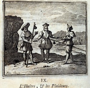The Oyster and the Litigants. Fables by Jean de La Fontaine. Illustration by François Chauveau. Edition of 1728 by Francois Chauveau