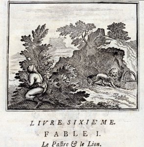 The Lion and the Gnat. Fables by Jean de La Fontaine. Illustration by François Chauveau. Edition of 1728 by Francois Chauveau